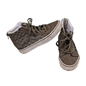 VANS Hi Top Zip Back Skateboard Shoes Olive Green Checkerboard Suede Boys Kids 3